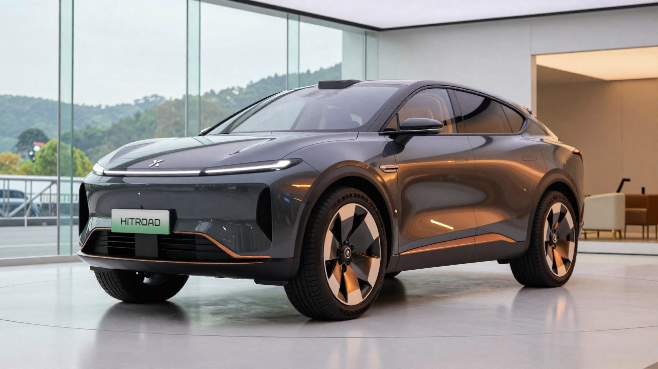 Carro elétrico cinza modelo Hitroad numa sala moderna com janelas amplas e vista para a natureza.