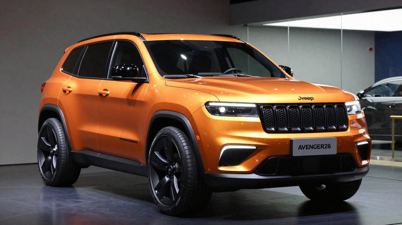 SUV Jeep Avenger26 laranja metálico, moderno e robusto, exposto em salão automóvel.