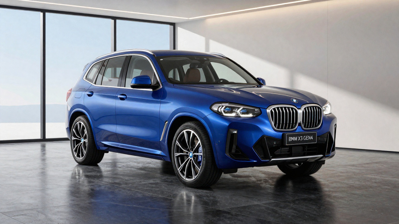 Carro BMW X3 GEN4 azul estacionado num espaço interior com grandes janelas e chão cinzento brilhante.
