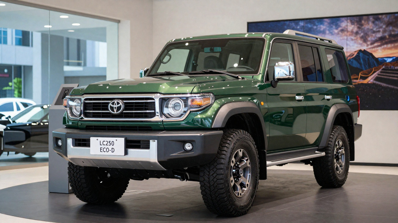 Toyota Land Cruiser 250 Eco-D verde em exposição numa sala de showroom moderna e iluminada.