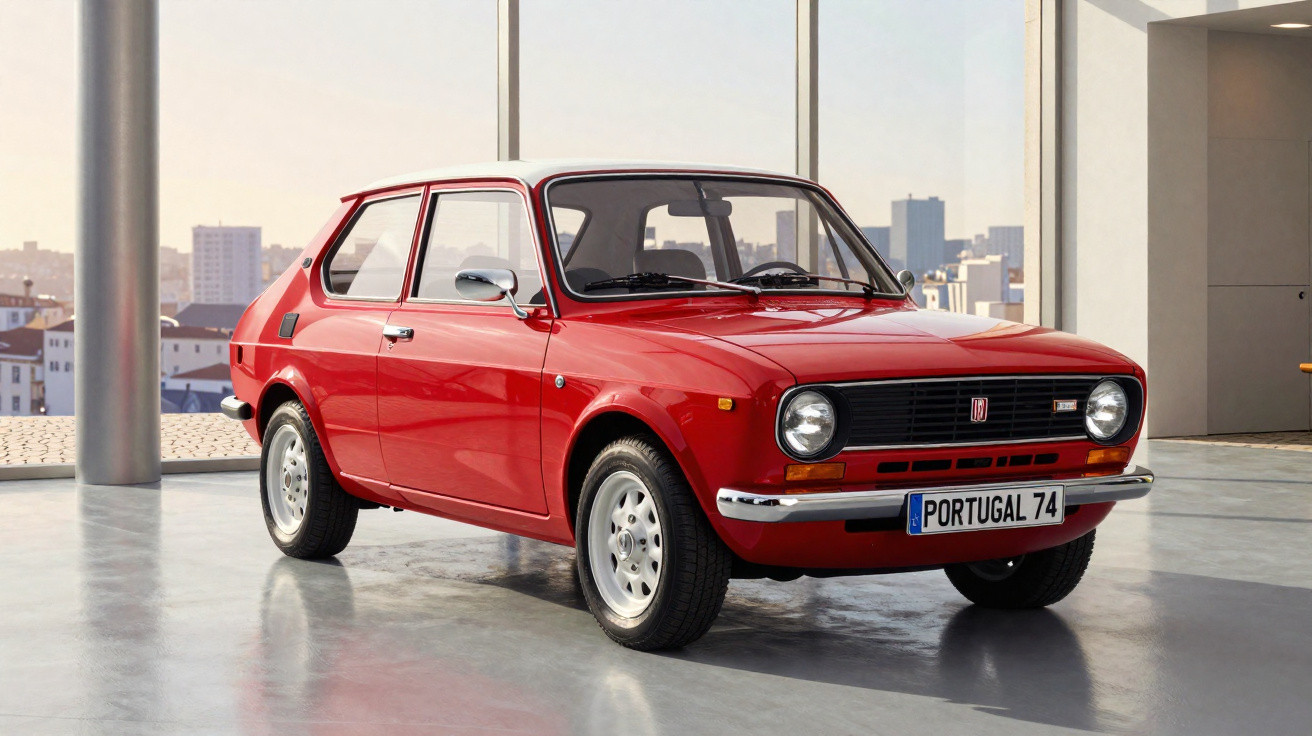 Carro clássico vermelho, modelo vintage dos anos 70, estacionado em espaço moderno com janelas grandes.