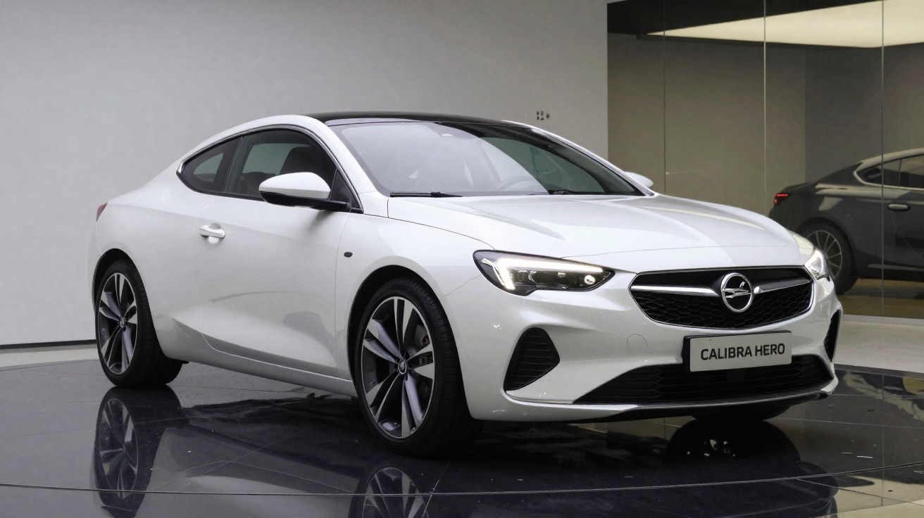 Carro desportivo Opel Calibra Hero branco estacionado em piso brilhante com espelho ao fundo.