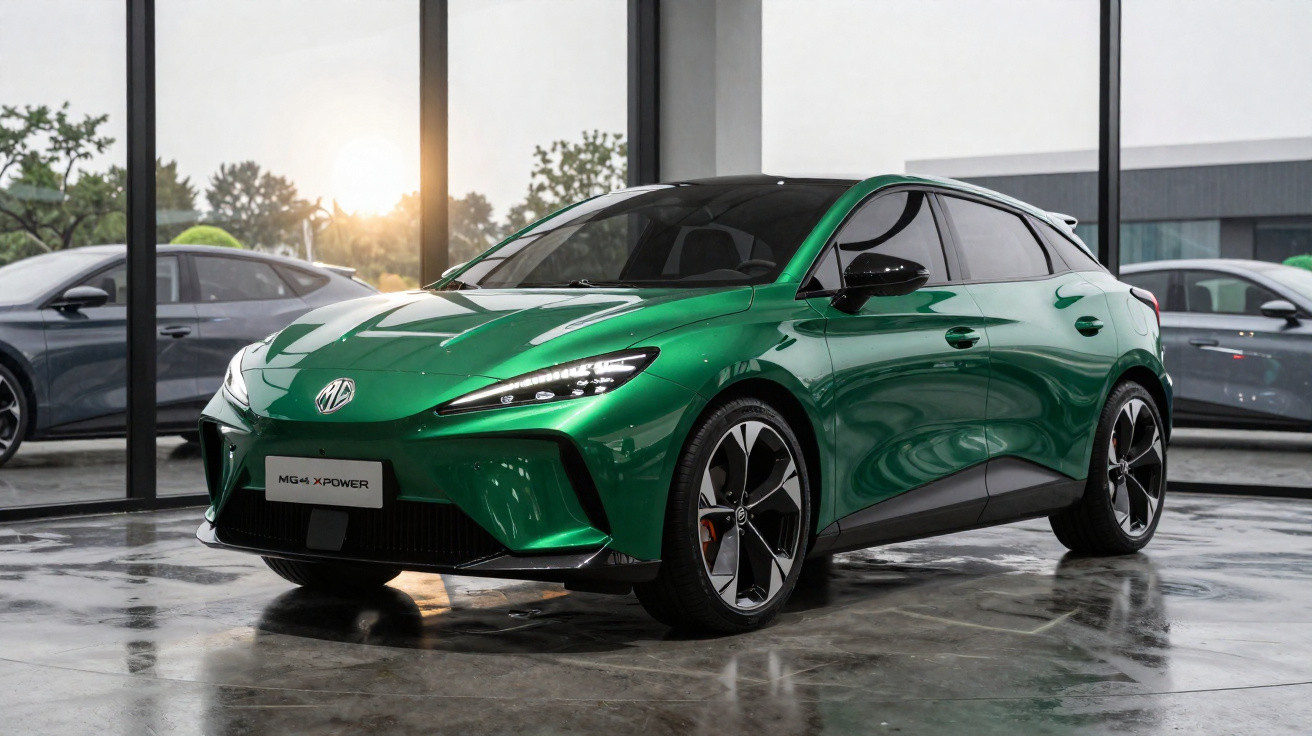 Carro elétrico verde MG4 XPOWER estacionado em piso de pedra, com janelas amplas ao fundo e pôr do sol.