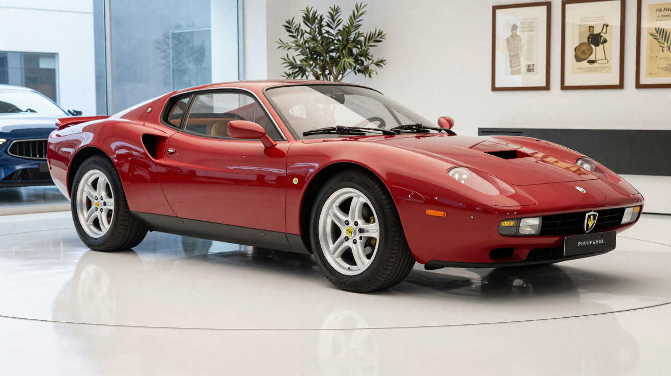 Carro desportivo clássico vermelho Ferrari exposto num interior moderno com janelas amplas e plantas.