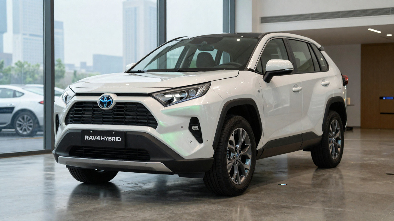 Toyota RAV4 Hybrid branco estacionado num interior moderno com grandes janelas em fundo urbano.