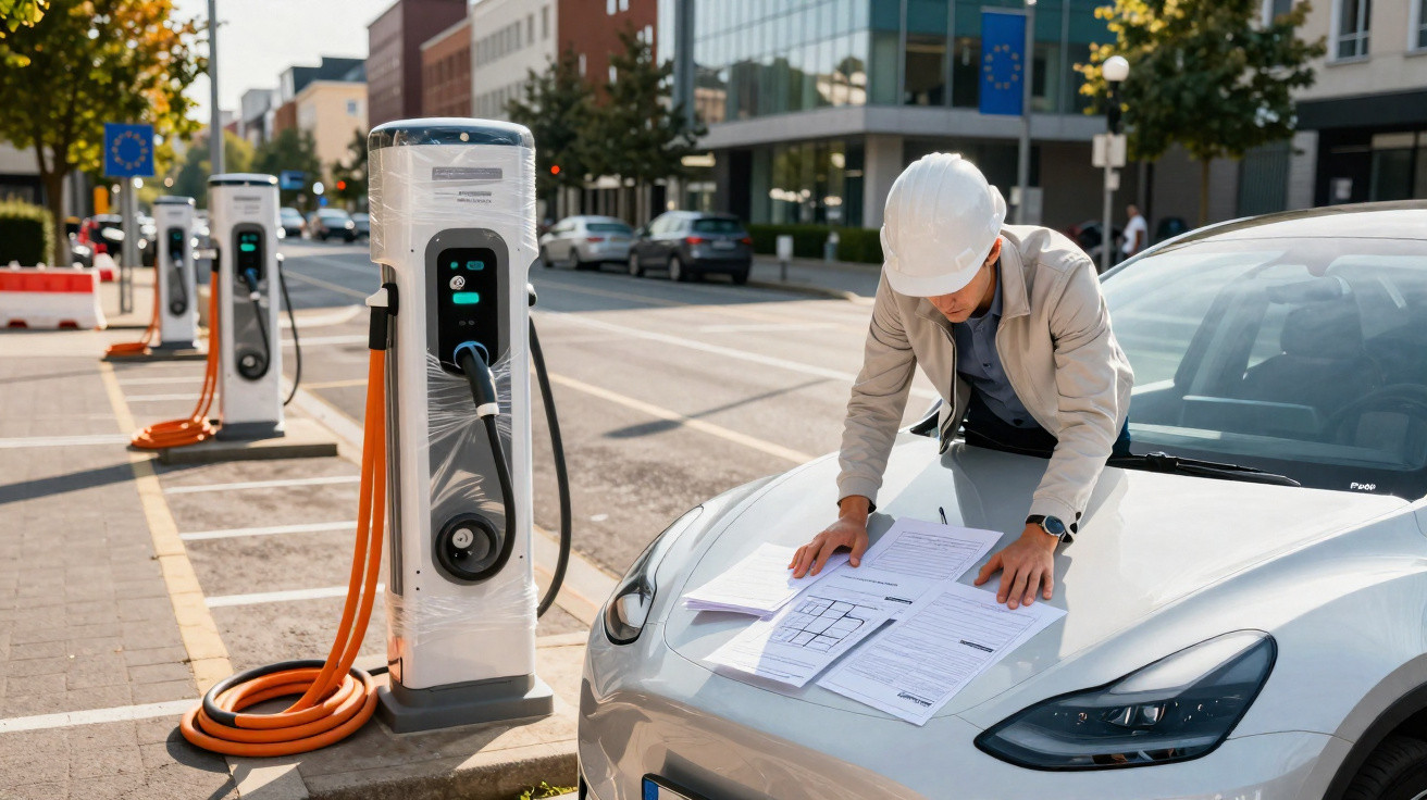 Homem com capacete branco analisa plantas sobre capô de carro elétrico junto a posto de carregamento.