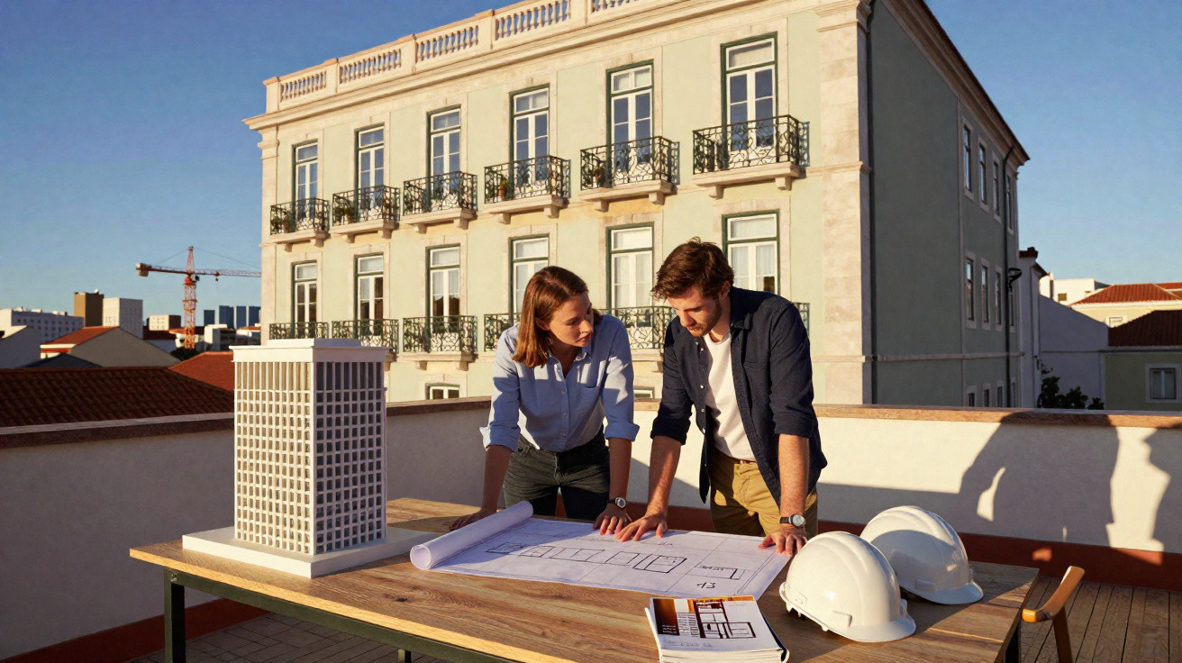 Dois arquitetos analisam plantas e maquete de edifício numa varanda ao ar livre, com capacetes na mesa.