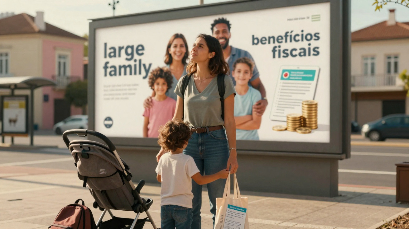 Mulher e criança com carrinho de bebé em paragem de autocarro em frente a cartaz publicitário sobre benefícios fiscais.