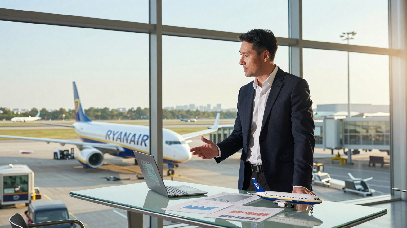 Homem de negócios em aeroporto, ao lado de janela com avião Ryanair estacionado e modelo de avião sobre mesa.