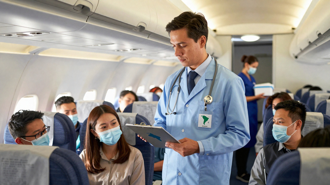 Médico com bata azul verifica ficha de passageiros usando máscaras dentro de avião.