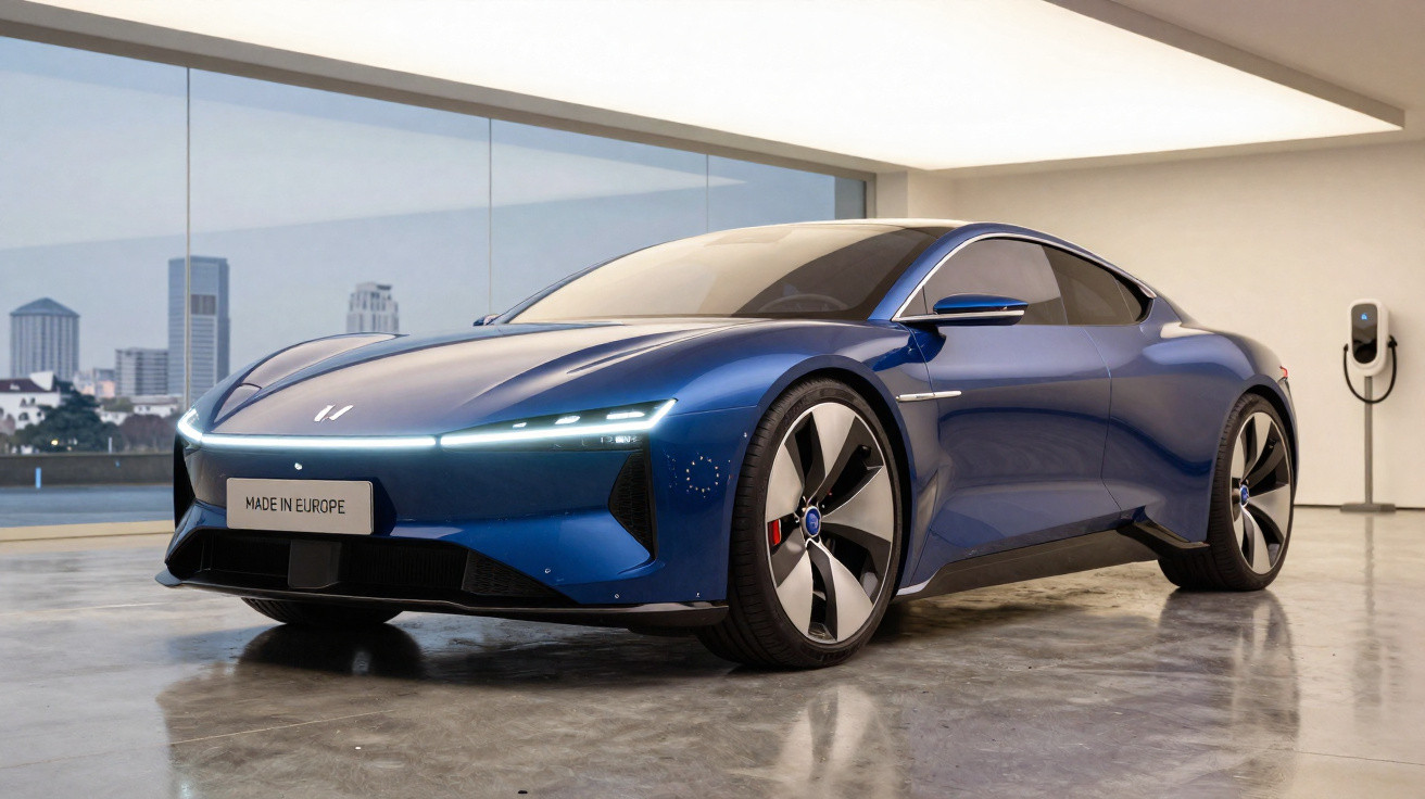 Carro desportivo elétrico azul com design moderno em showroom com vista para cidade.