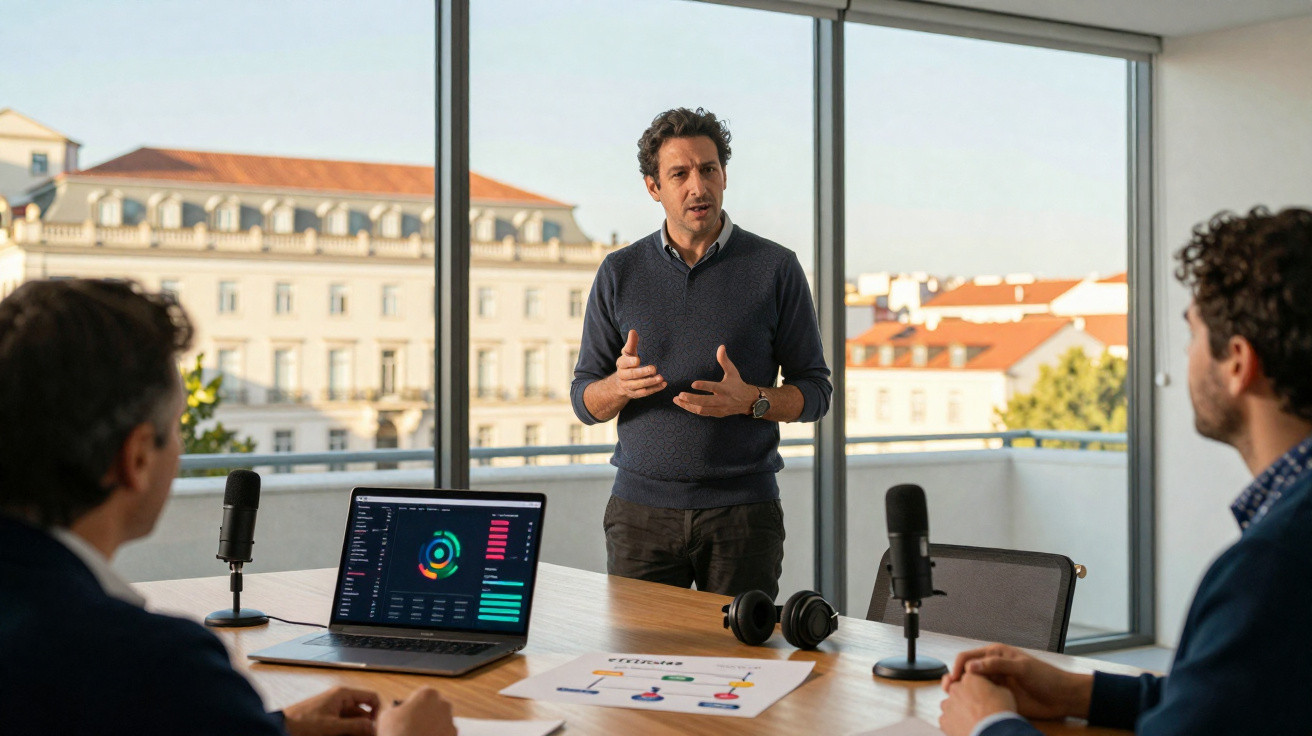 Homem apresenta dados numa reunião em escritório moderno com vista para edifícios urbanos.