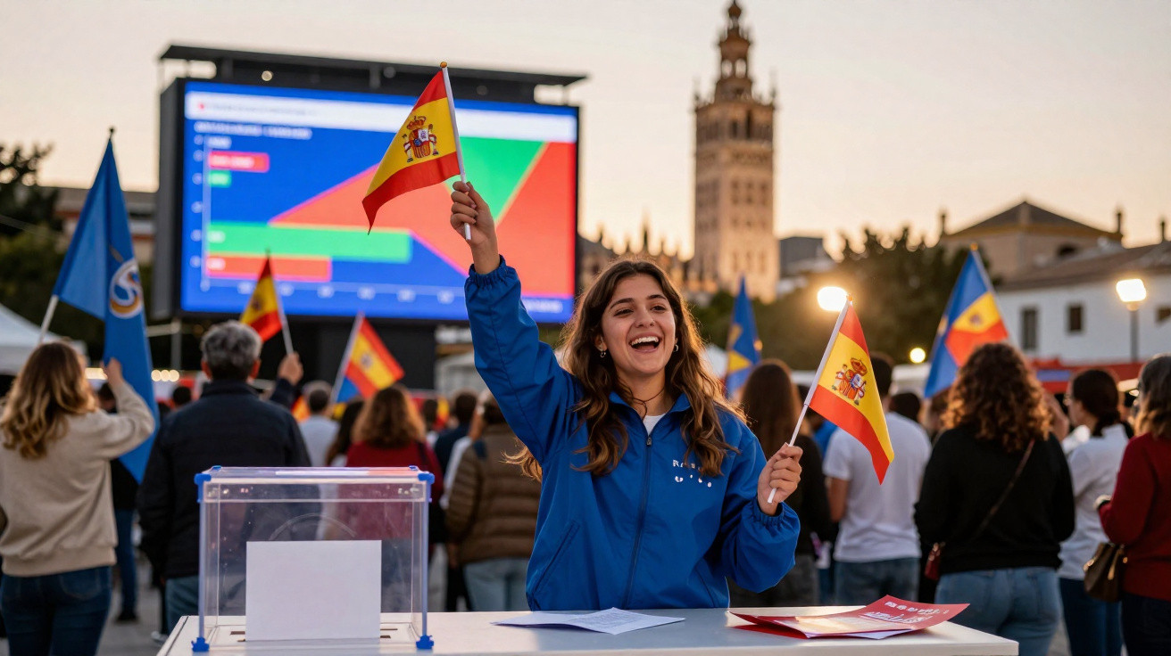 Jovem sorridente segura bandeiras de Espanha numa manifestação à luz do entardecer com torre ao fundo.