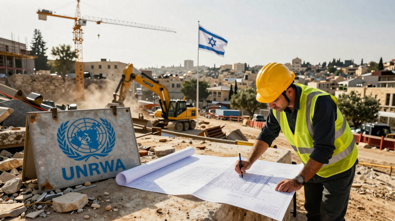 Engenheiro a analisar plantas num canteiro de obras da UNRWA com bandeira de Israel ao fundo.