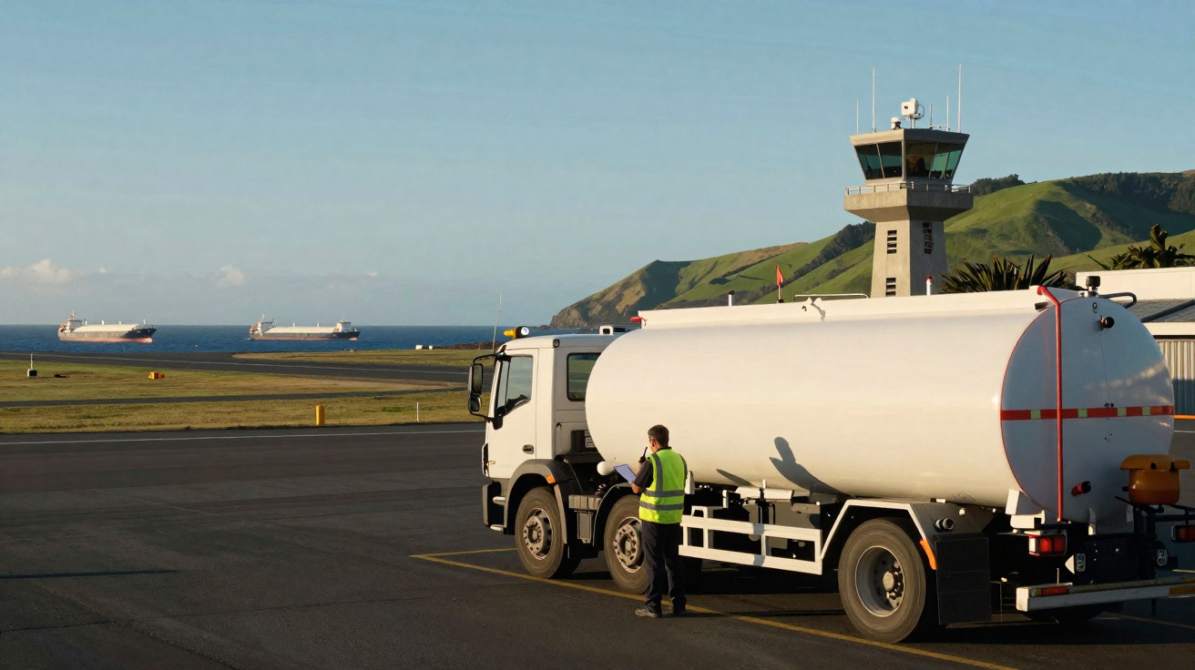Camião cisterna branco estacionado perto de torre de controlo num aeroporto junto ao mar com navios ao fundo.