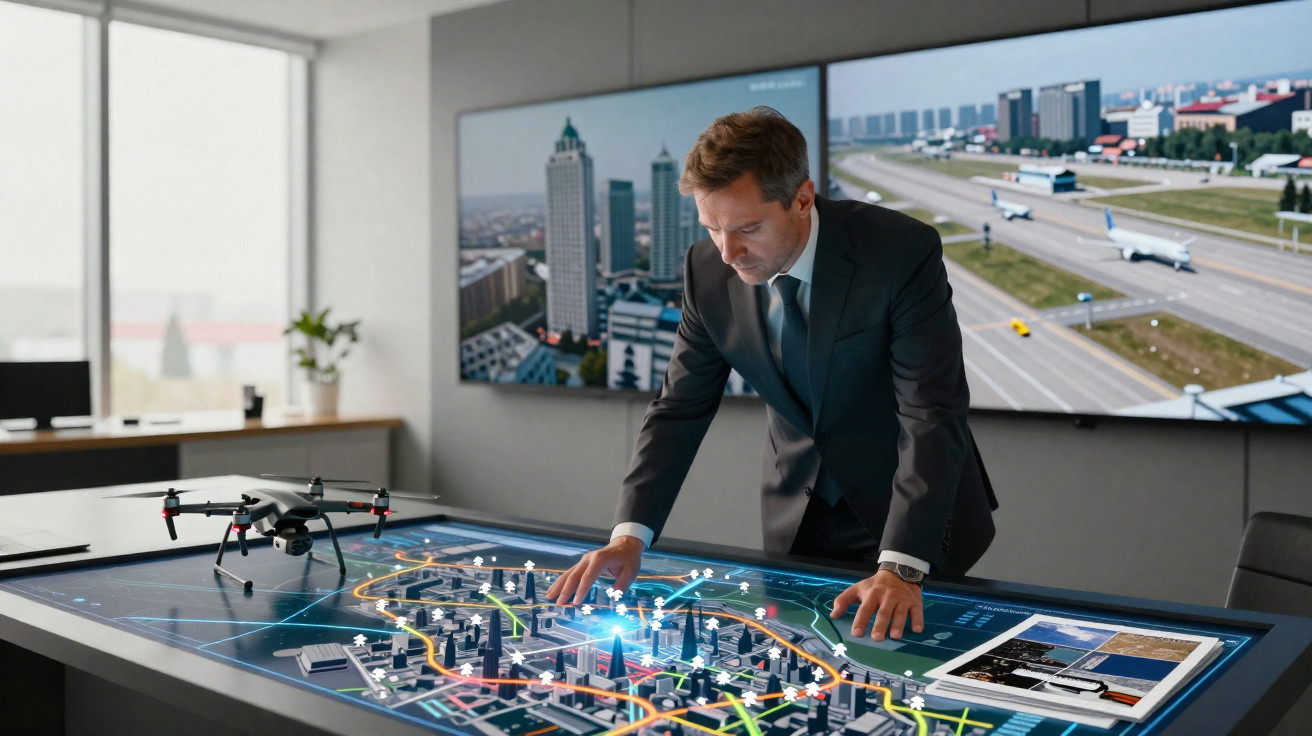 Homem de negócios em fato analisa modelo digital interativo de cidade futurista numa sala moderna de escritório.