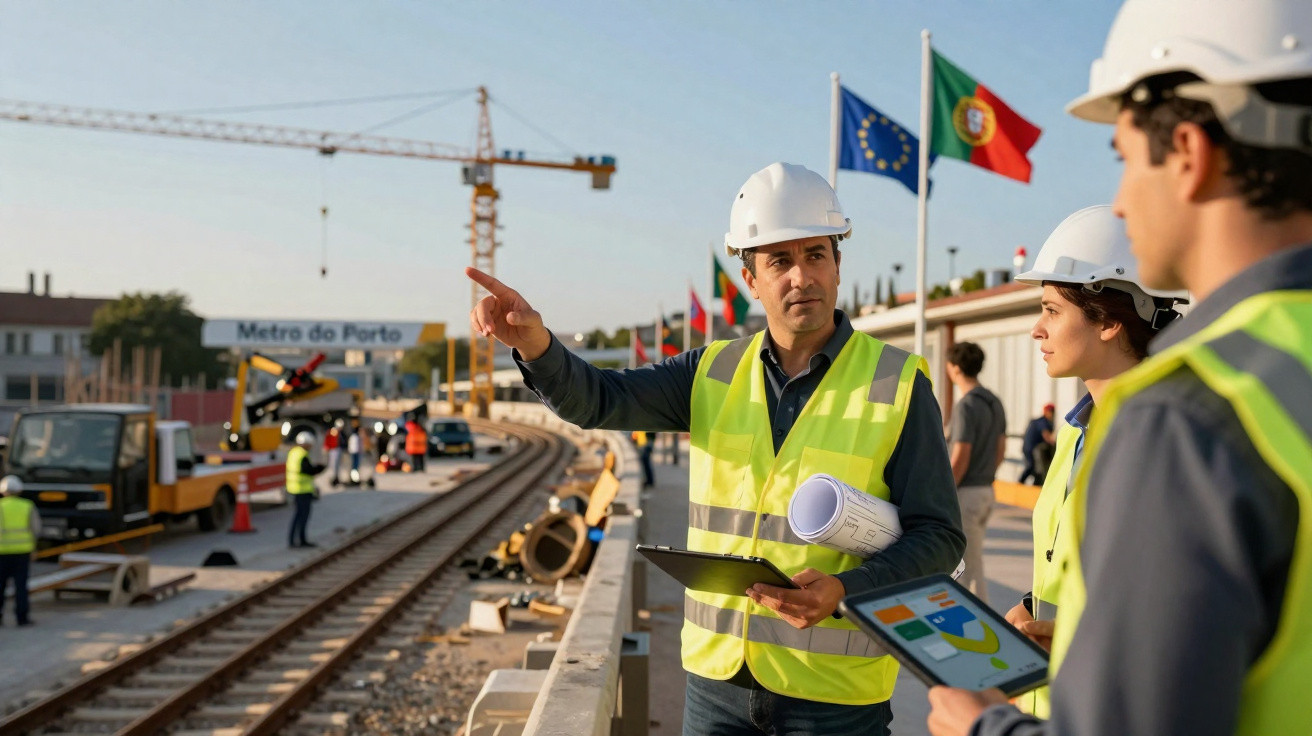 Engenheiros com coletes e capacetes discutem obra na linha do Metro do Porto em dia ensolarado.
