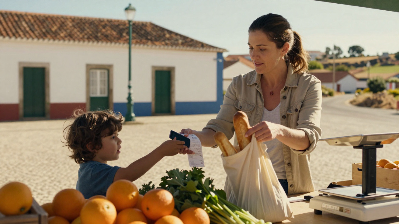 Criança a pagar com cartão numa banca de mercado com frutas e legumes, mulher a colocar pão num saco.