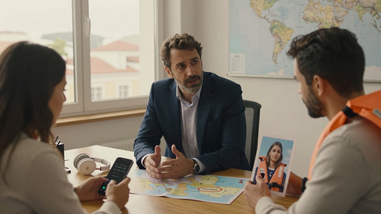 Homem de fato sentado à mesa a discutir mapa com casal que segura foto de mulher com colete salva-vidas.