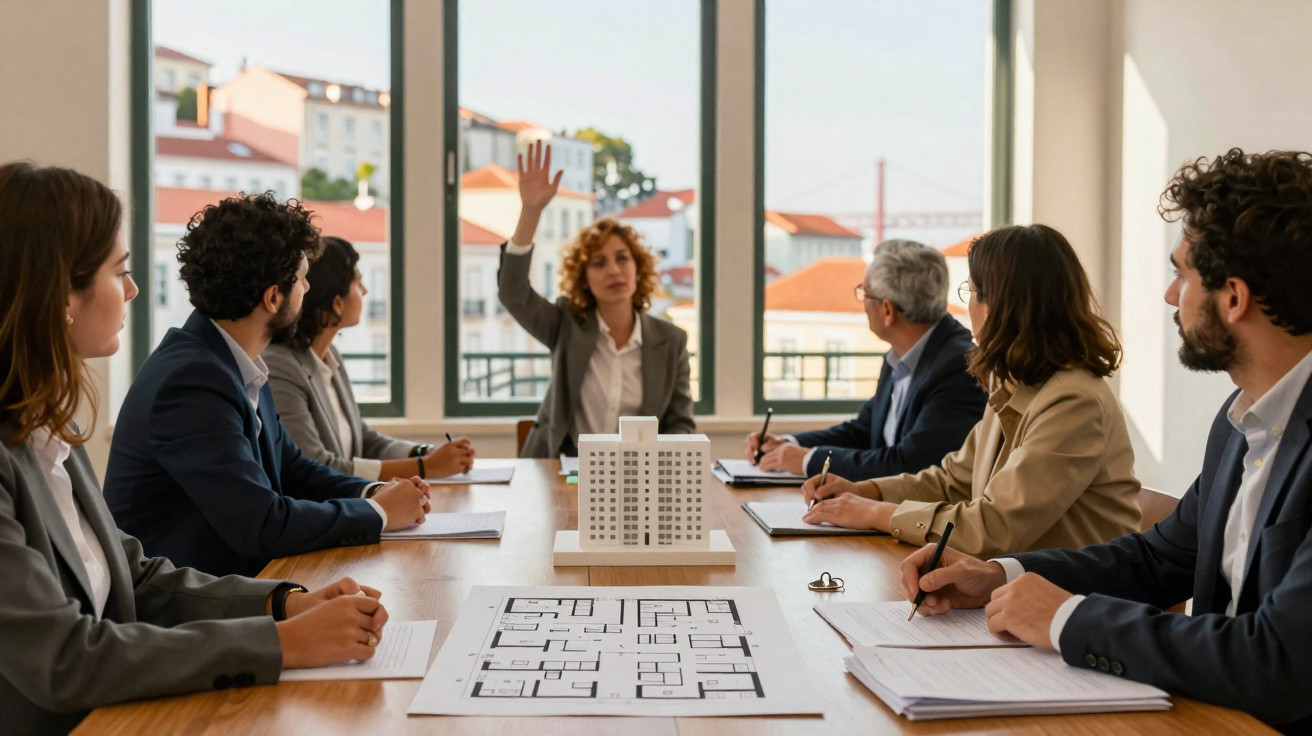 Reunião de equipa em escritório com maquete e plantas de edifício sobre a mesa, a discutir projeto imobiliário.