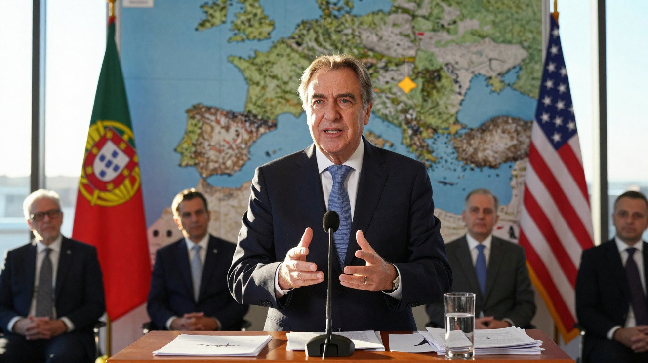 Homem em fato a discursar com bandeiras de Portugal e EUA e mapa da Europa ao fundo.