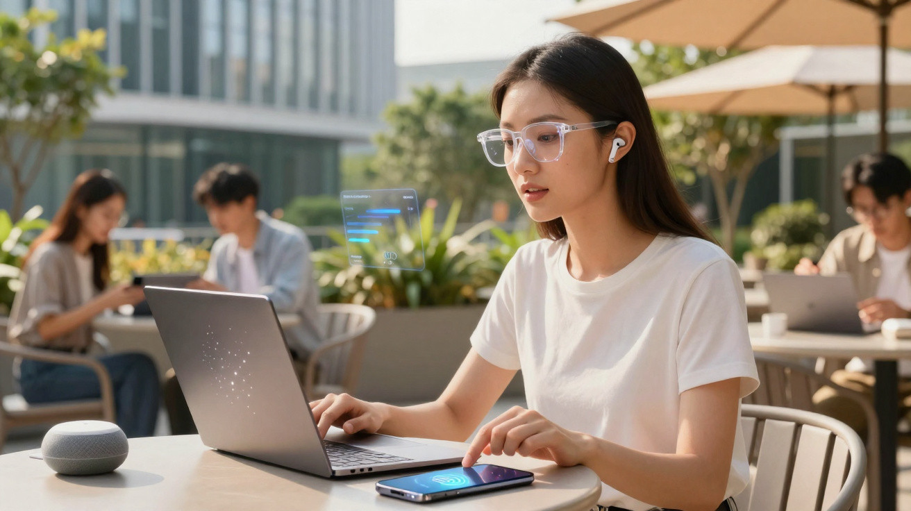 Mulher com óculos a trabalhar no computador portátil ao ar livre, com pessoas ao fundo num café.
