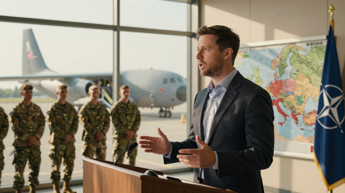 Homem em fato a falar ao microfone numa conferência militar com soldados e avião ao fundo.