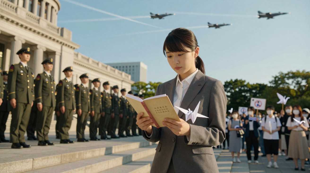 Mulher de fato cinzento lê livro com origamis em cerimónia militar com aviões a sobrevoar no céu.