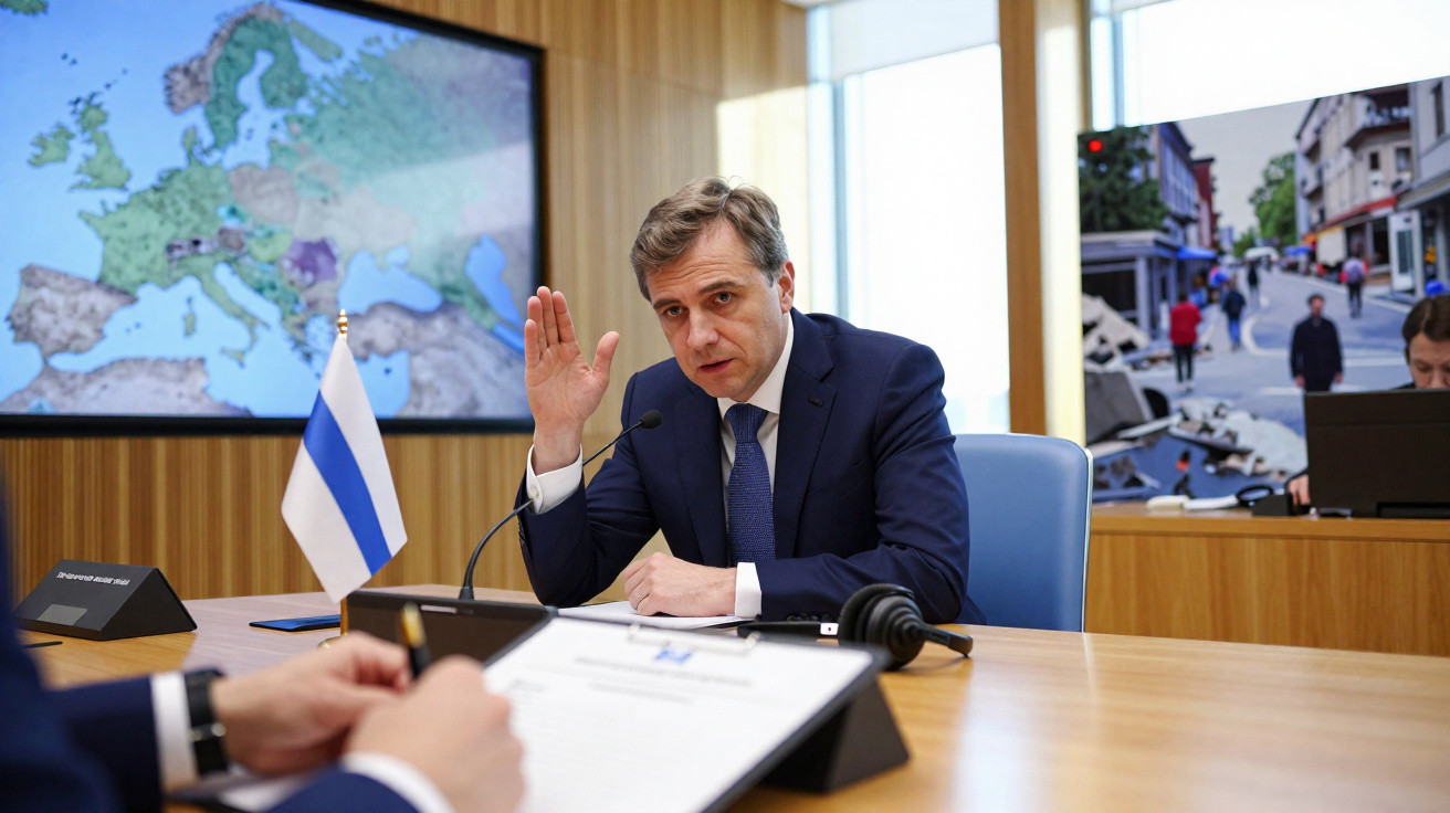 Homem de fato azul vota durante reunião com mapa da Europa ao fundo e bandeira finlandesa na mesa.