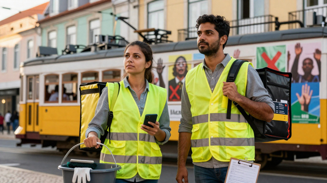 Dois entregadores em coletes refletivos amarelos, com mochila térmica, em frente a um elétrico amarelo numa rua da cidade.