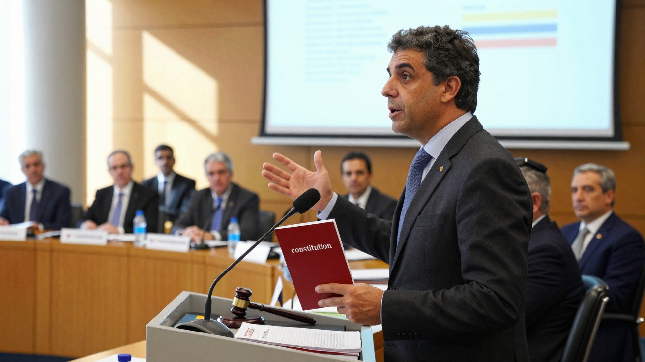 Homem a discursar num tribunal segurando um livro vermelho com a palavra "constitution", com juízes ao fundo.