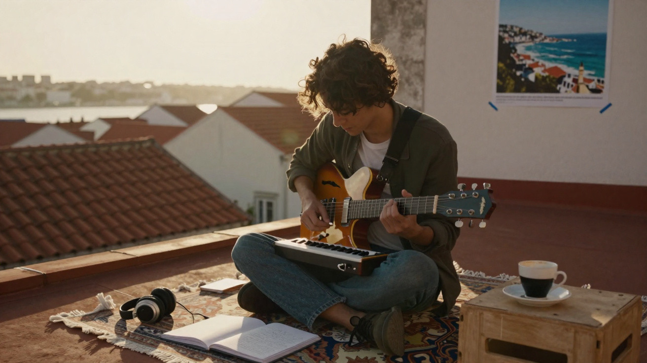 Jovem sentado no terraço a tocar guitarra elétrica, rodeado por auscultadores, caderno e chá, ao pôr do sol.
