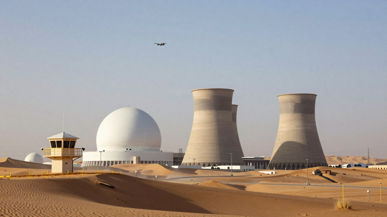 Central nuclear no deserto com torres de arrefecimento, cúpulas e um drone no céu claro.