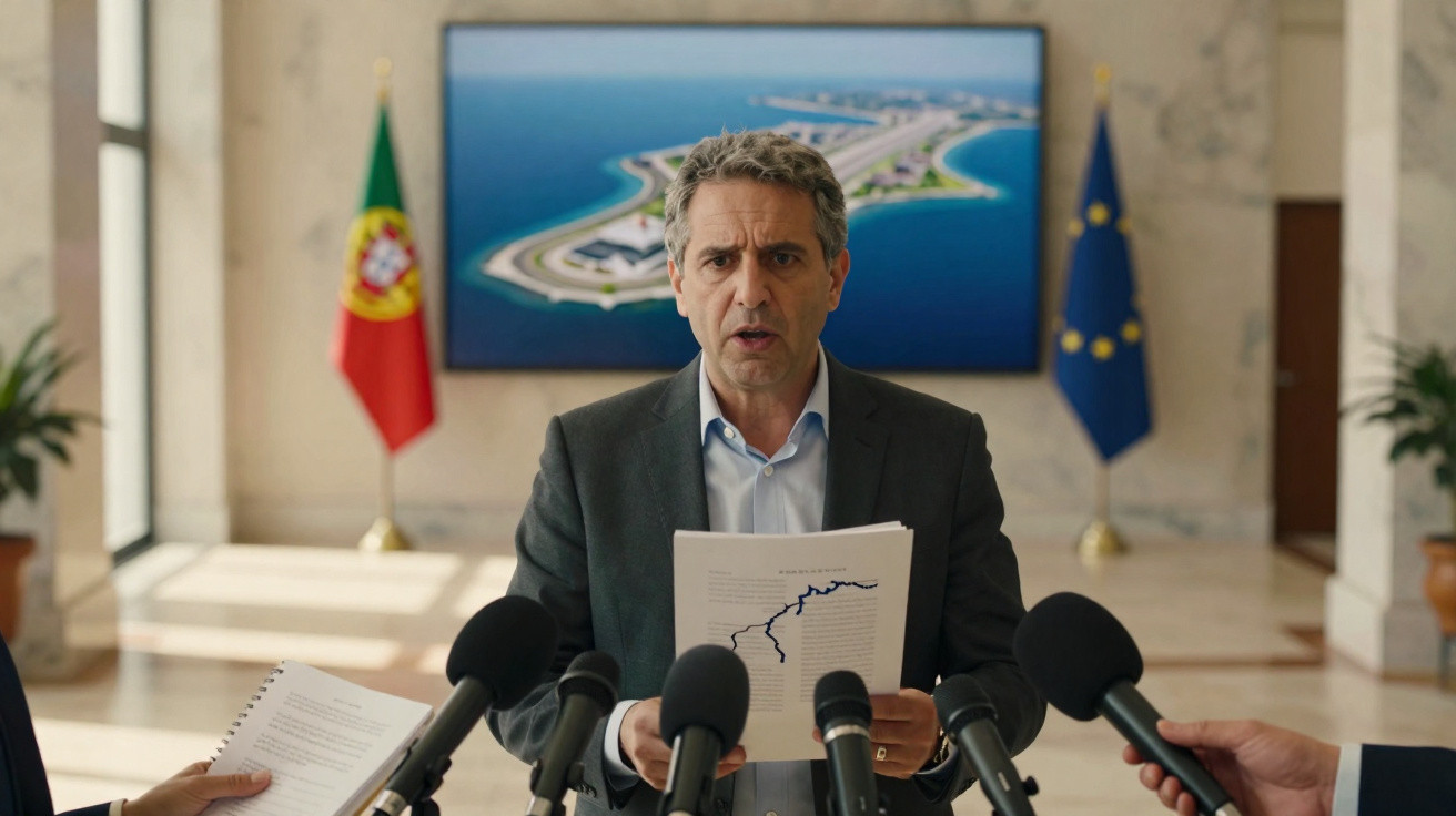 Homem de fato cinza lê documento em conferência de imprensa com bandeiras de Portugal e UE ao fundo.