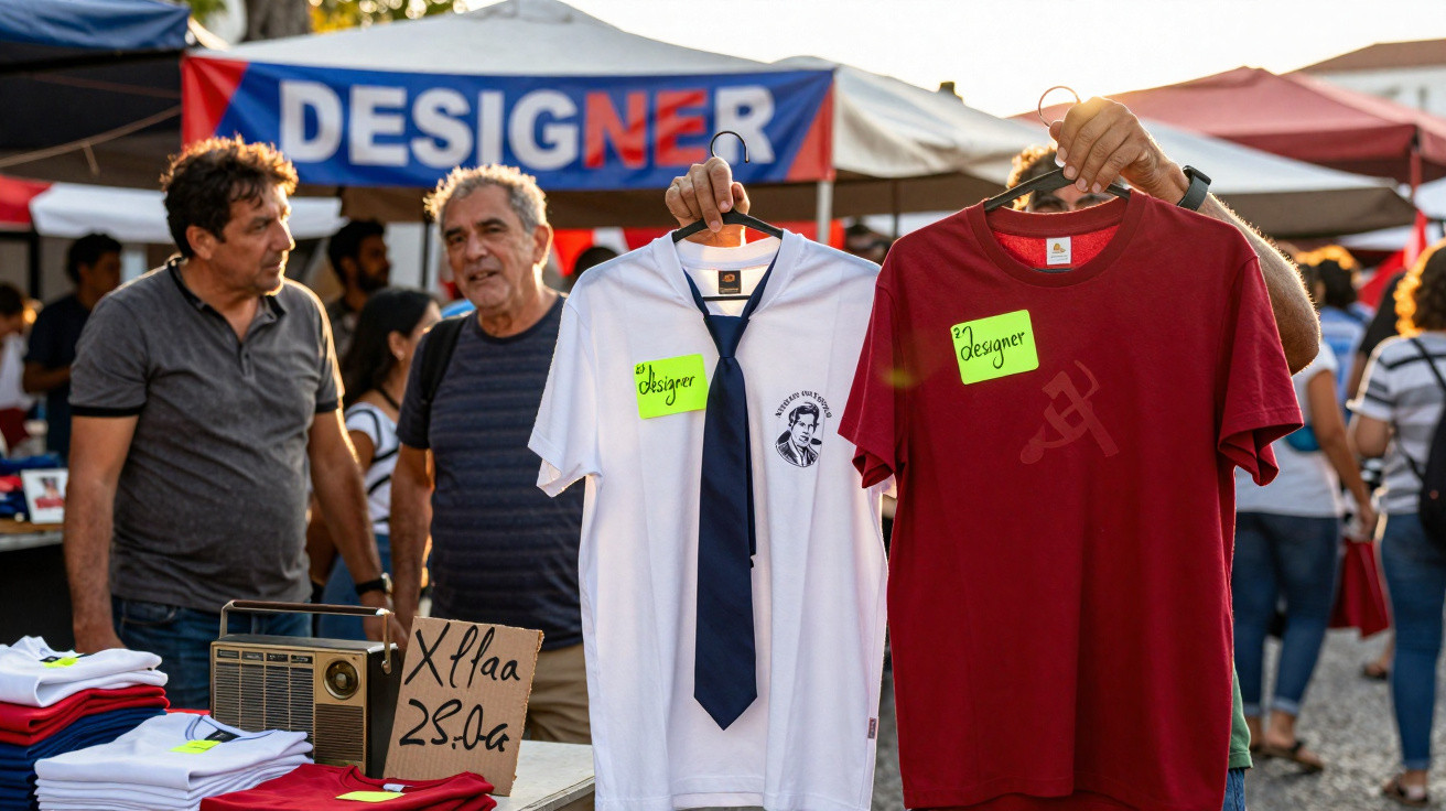 Mercado ao ar livre com t-shirts à venda e duas pessoas conversando ao fundo.