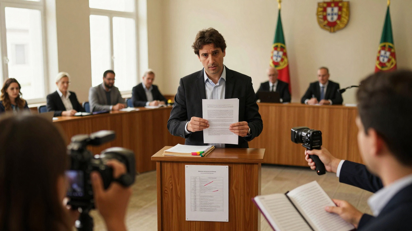 Homem a apresentar documentos num tribunal com advogados e câmaras de filmar à sua volta.
