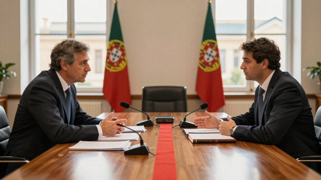 Dois homens de fato sentados frente a frente numa sala de reuniões com duas bandeiras de Portugal ao fundo.