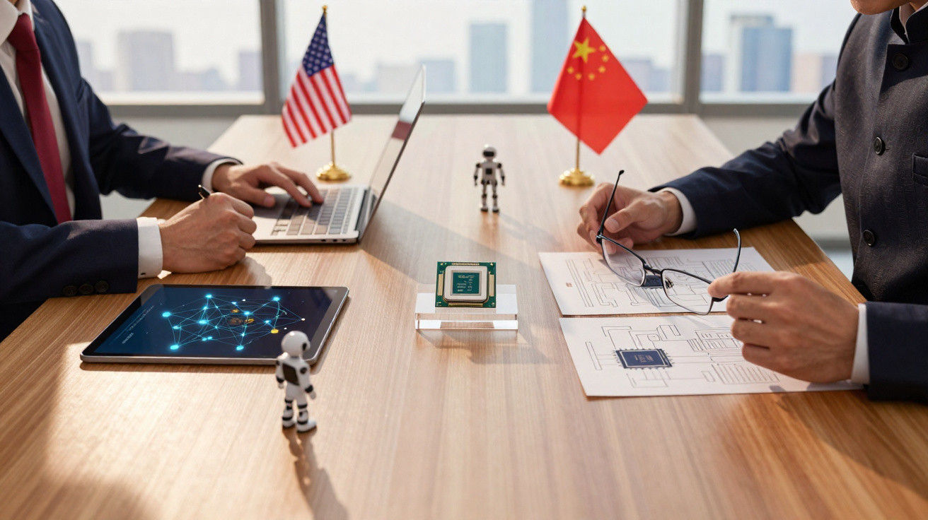 Duas pessoas num escritório com bandeiras dos EUA e China, discutindo tecnologia e circuitos eletrónicos.