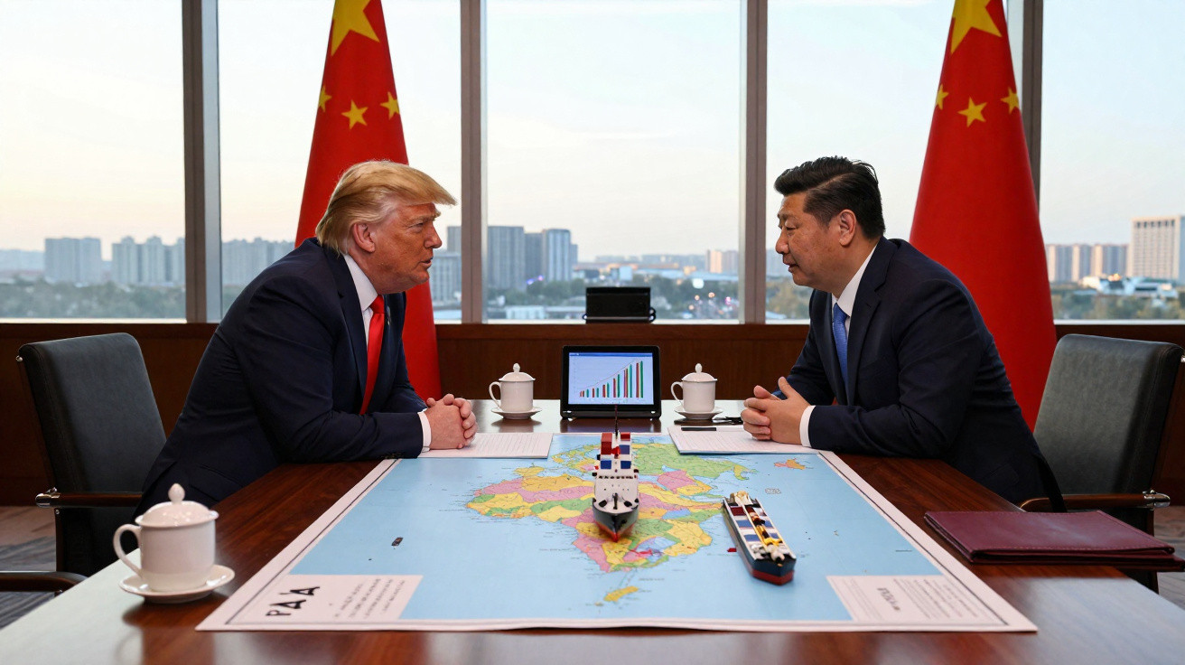 Dois homens de fato sentados à mesa com mapa e modelos de navios, bandeiras chinesas ao fundo.