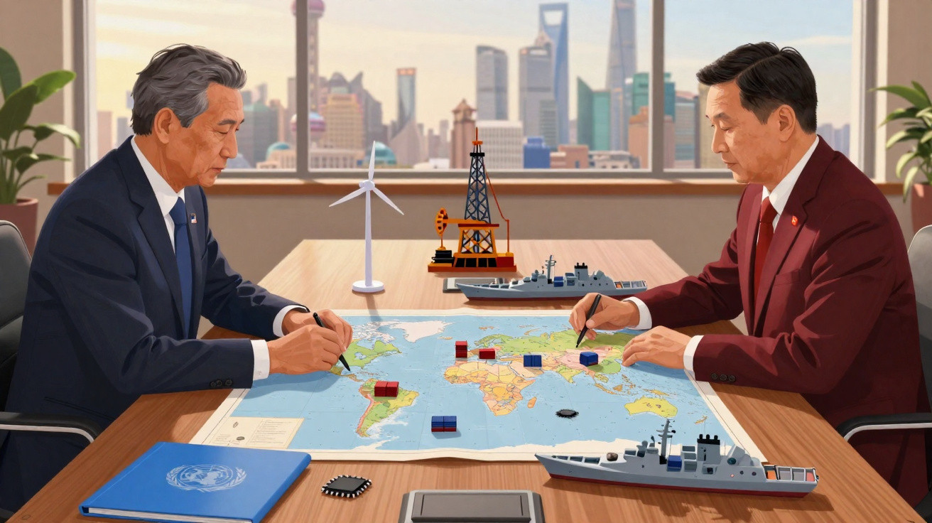 Dois homens de negócios sentados à mesa, analisando um mapa mundial com modelos de navios e turbinas eólicas.