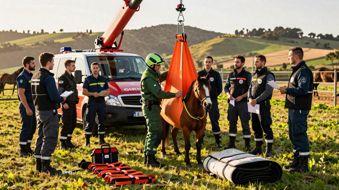 Equipa de resgate prepara cavalo para transporte com sling laranja numa área rural com veículo de emergência ao fundo.