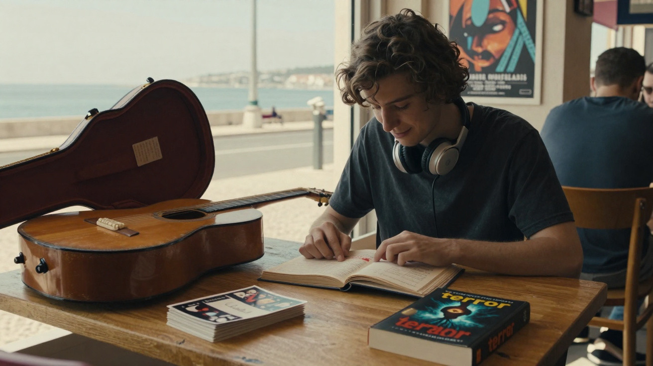 Jovem sentado numa mesa junto ao mar, com guitarra, livros e a ler um caderno, usando auscultadores no pescoço.