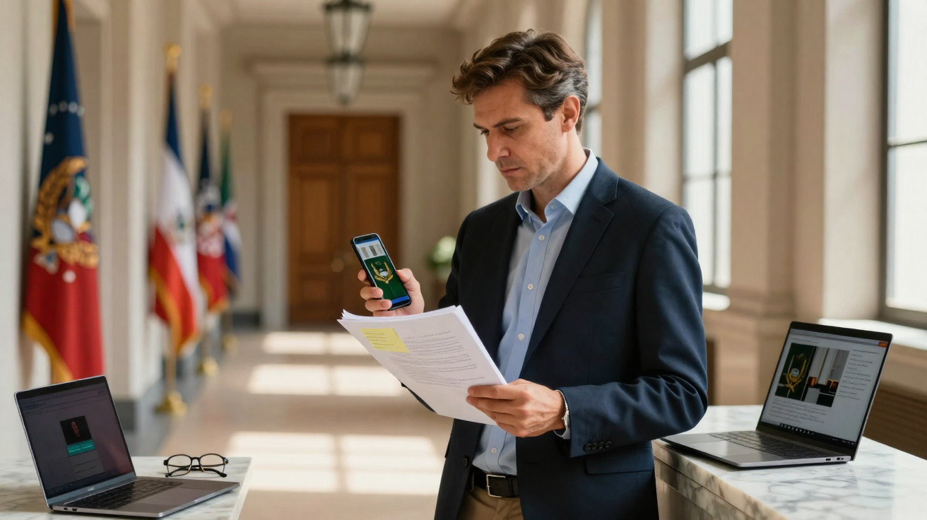 Homem de fato lê documentos e verifica telemóvel num corredor com bandeiras de Portugal ao fundo.