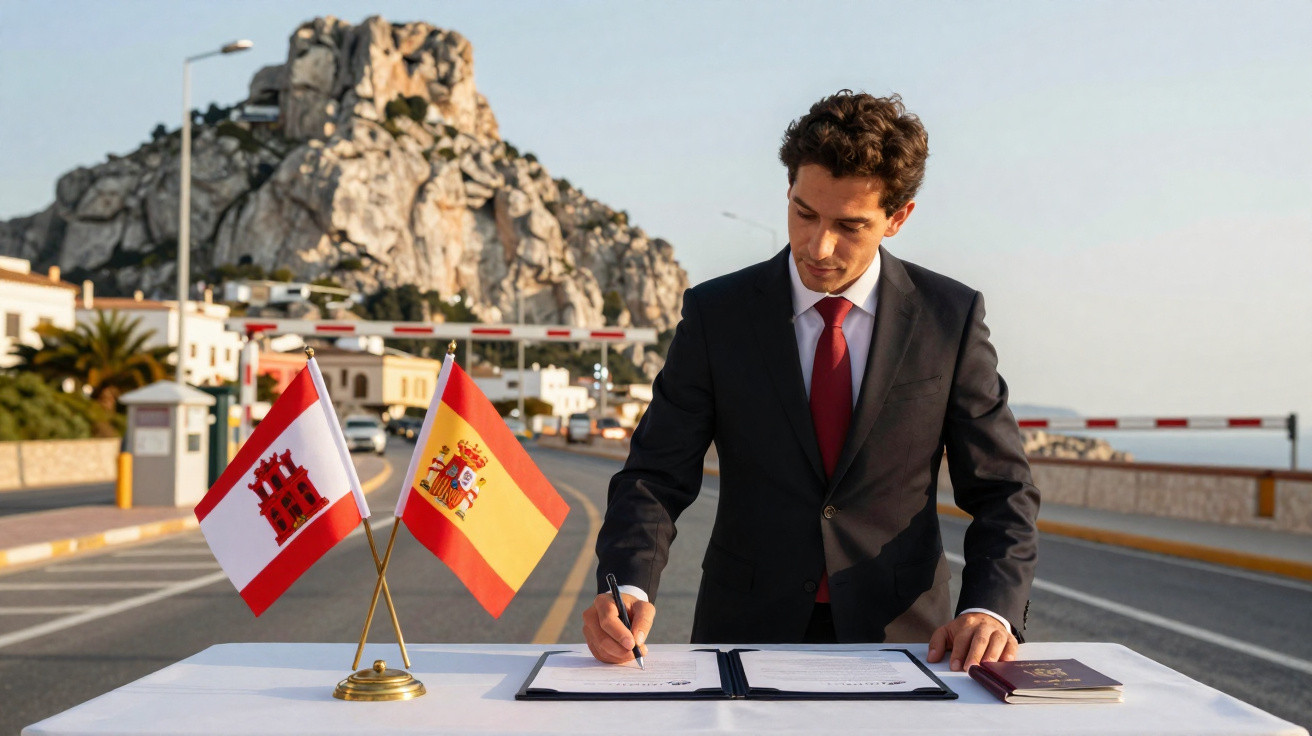 Homem de fato assinando documentos numa mesa com as bandeiras de Gibraltar e Espanha ao ar livre.