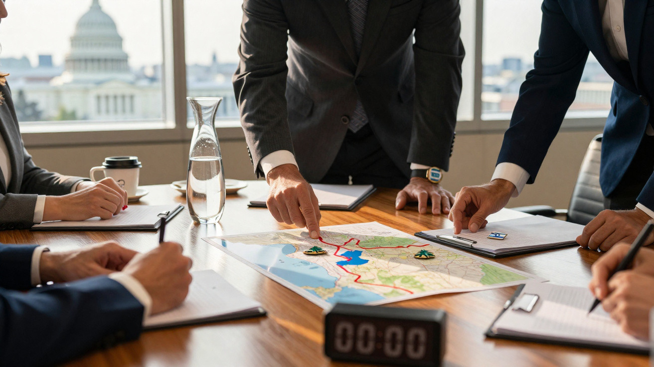 Reunião de negócios com várias pessoas a analisar um mapa sobre a mesa, apontando rotas e estratégias.