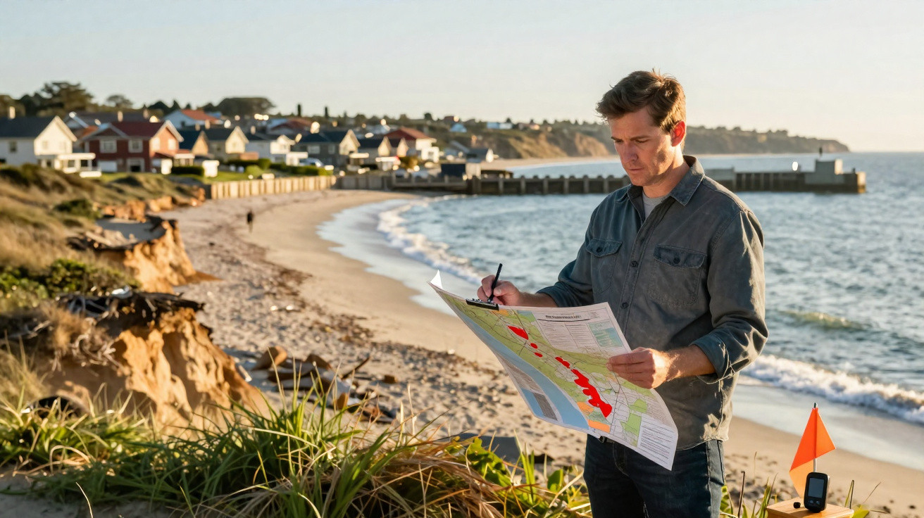 Homem analisa mapa costeiro ao pôr do sol numa praia com casas ao fundo.