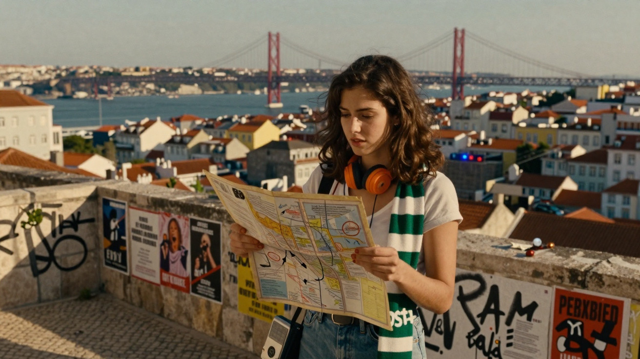 Jovem com fones de ouvido e cachecol lê mapa, com vista de casas e ponte sobre rio ao fundo em Lisboa.
