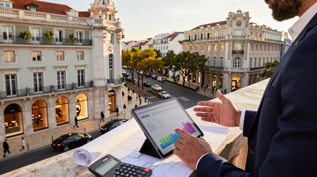 Homem em fato analisa gráficos num tablet com vista para rua e edifícios históricos ao entardecer.
