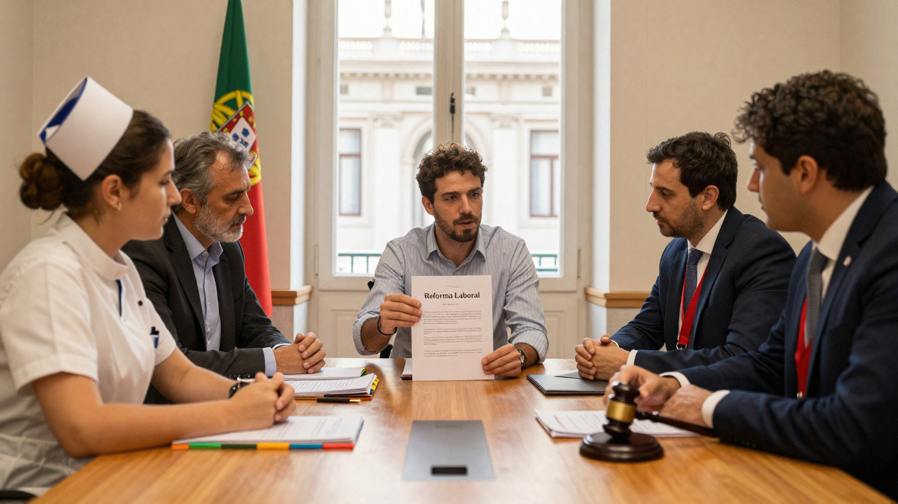 Cinco pessoas em reunião formal com documento intitulado "Reforma Laboral", com bandeira de Portugal ao fundo.