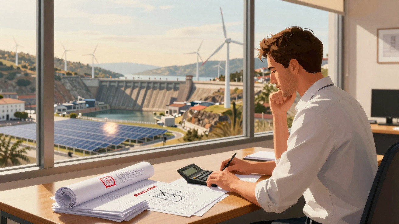Homem a trabalhar com calculadora e plantas de engenharia, com vista para barragem, painéis solares e aerogeradores.